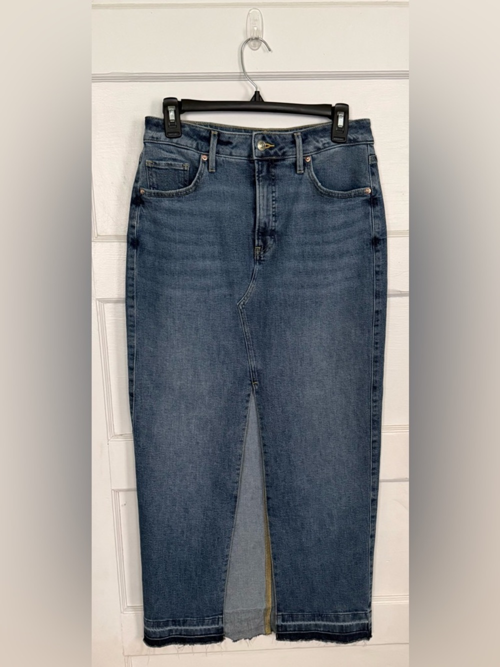 Express High Waisted Front Slit Maxi Denim Skirt Blue